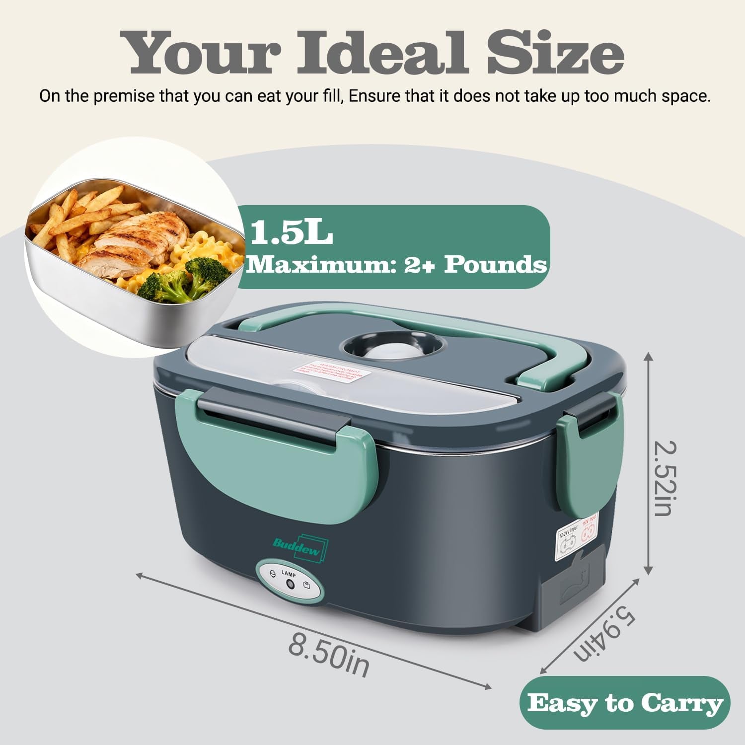 Electric Heated Lunch Box, 80W Fast Heating, 1.5L Food-Grade 304 Stainless Steel, 12V/24V/110V Portable Food Warmer for Car Truck Office Adults, Lonchera Electrica Portatil (Green)