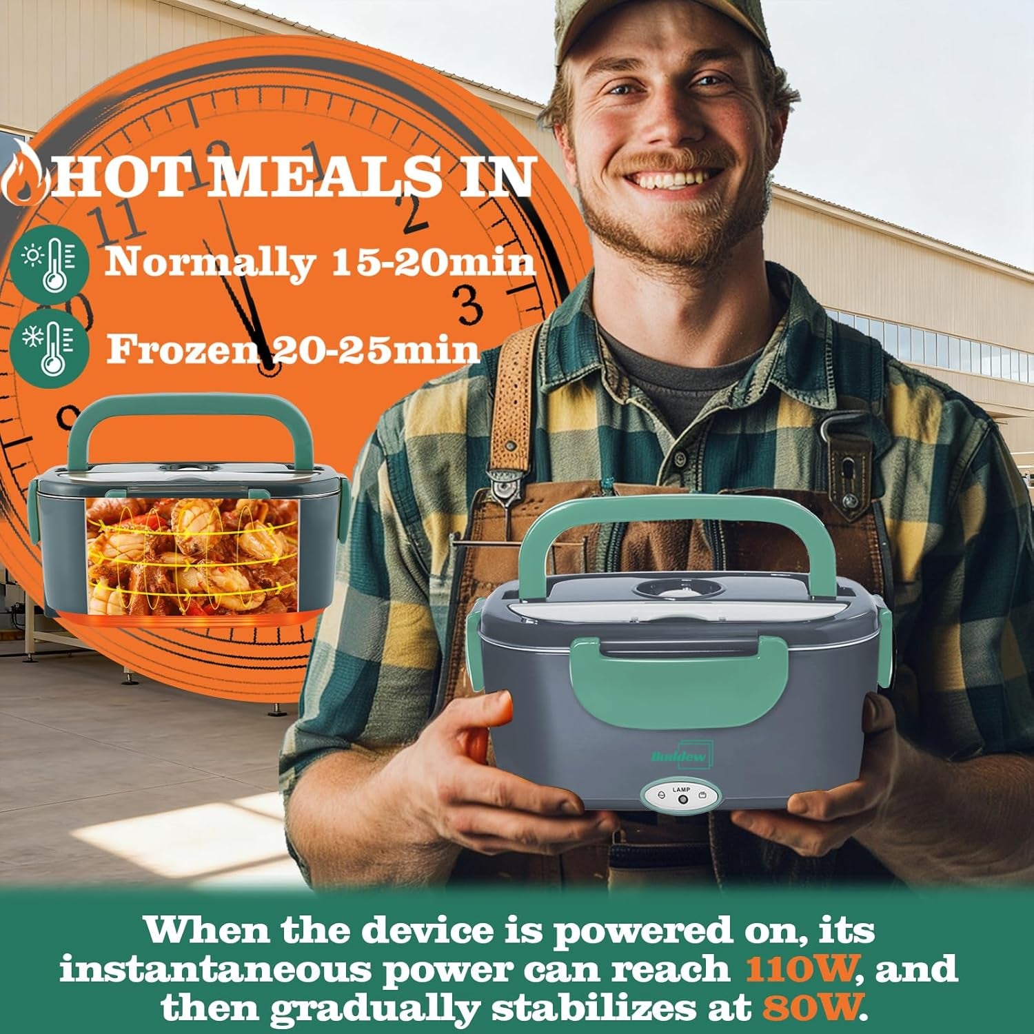 Electric Heated Lunch Box, 80W Fast Heating, 1.5L Food-Grade 304 Stainless Steel, 12V/24V/110V Portable Food Warmer for Car Truck Office Adults, Lonchera Electrica Portatil (Green)